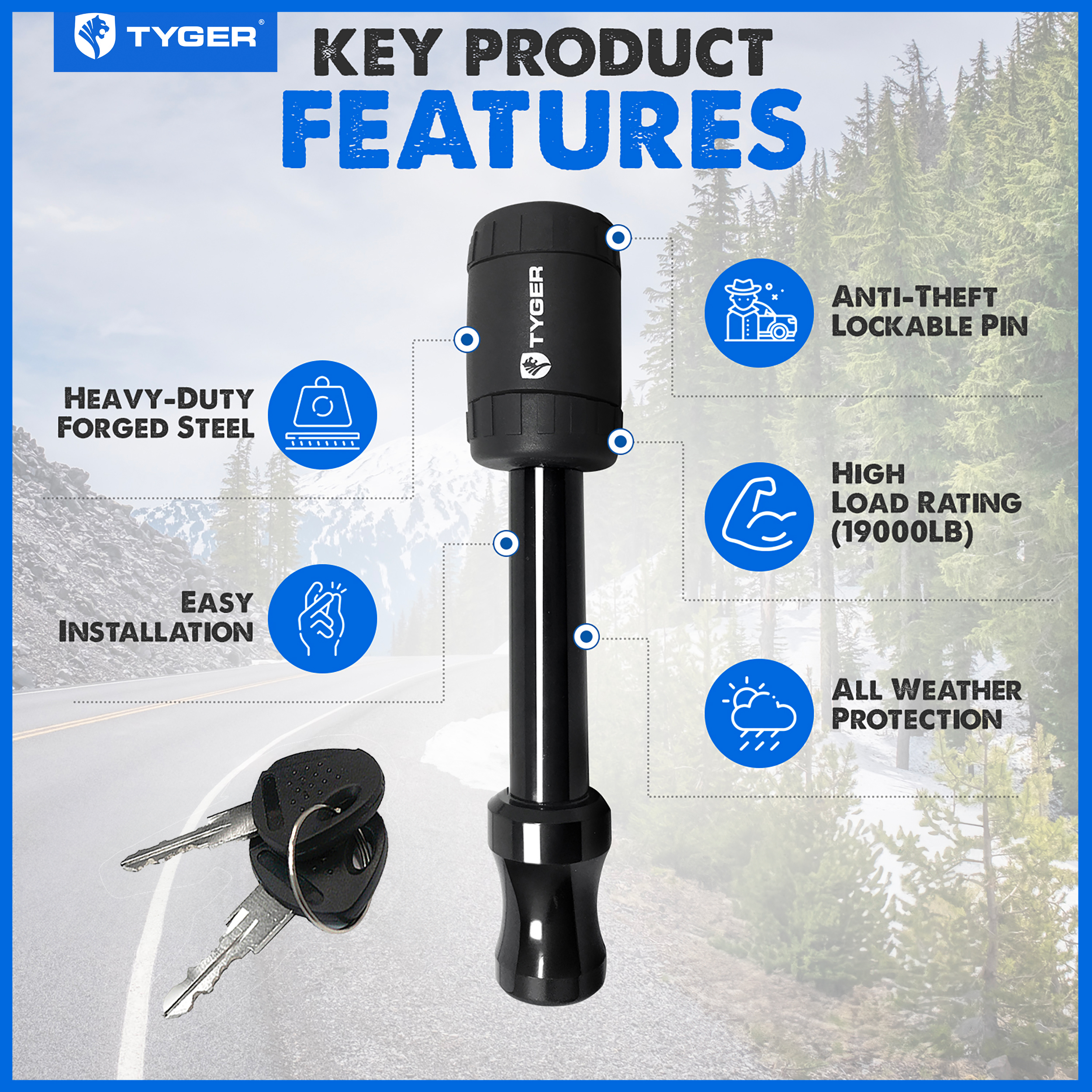 TYGER Solid Trailer Hitch Lock Pin with Locking Key - Fit 5/8
