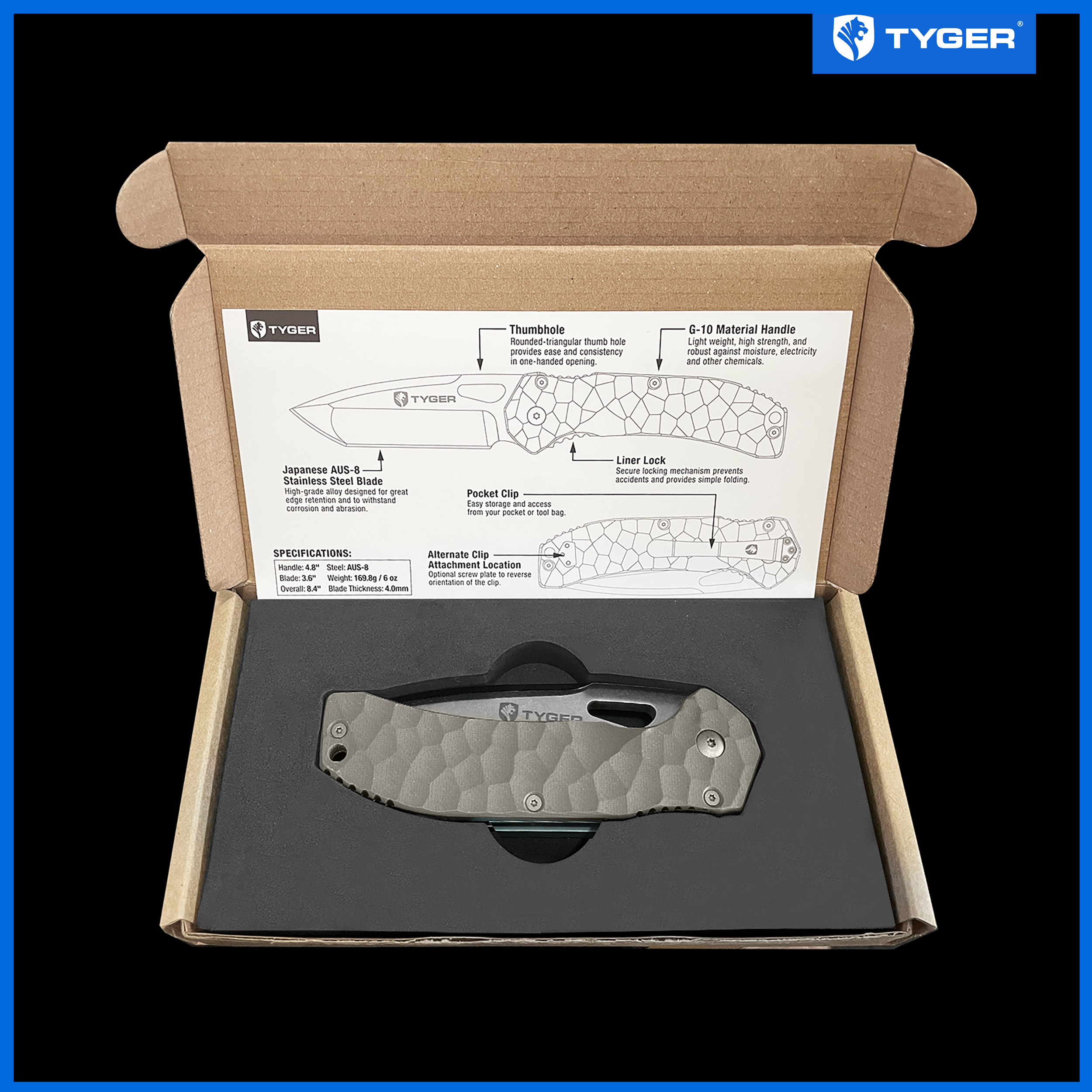 Tyger K4 EDC Folding Pocket Knife | AUS-8 Stainless Steel Blade | Tan G-10 Handle - TG-KF7A2227