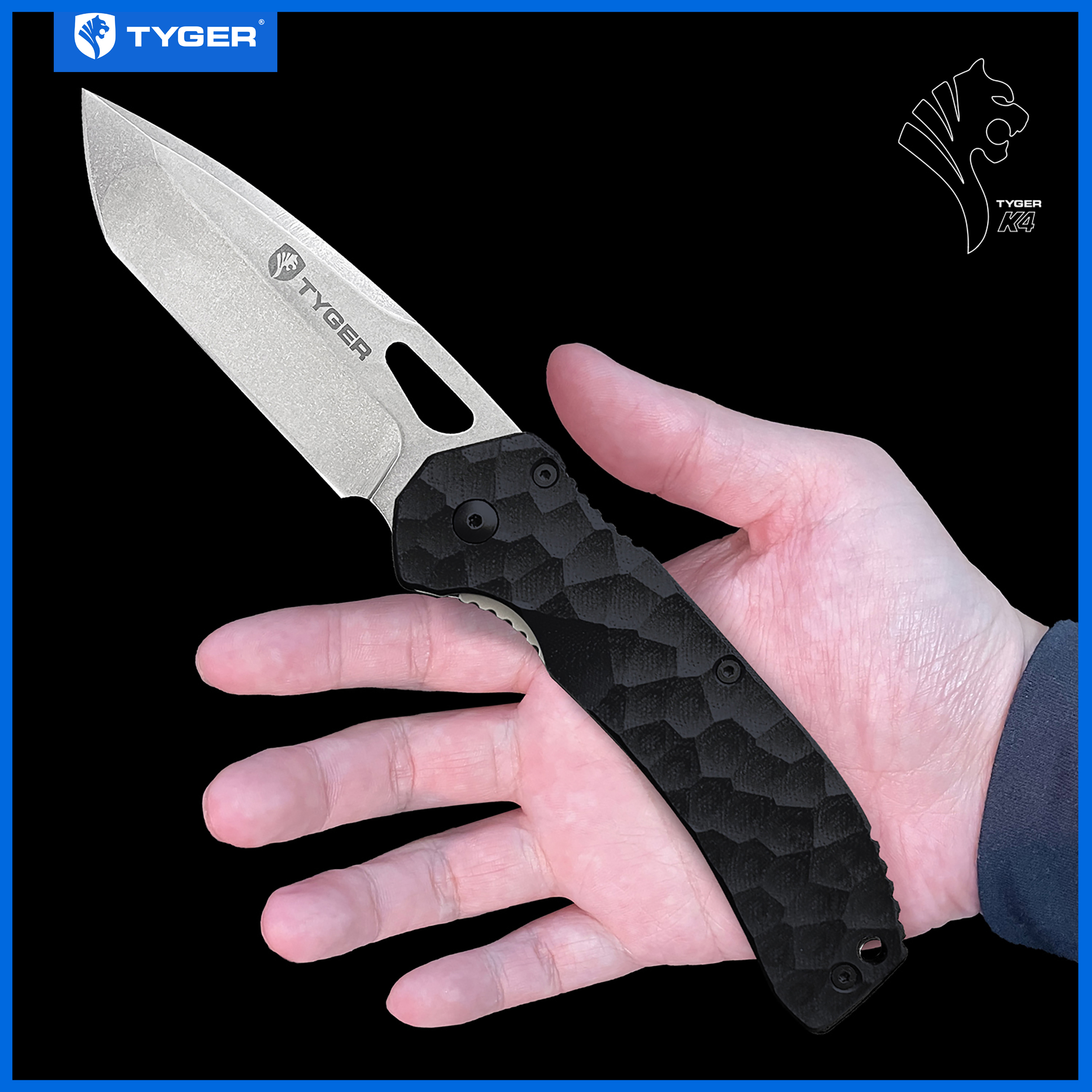 Tyger K4 EDC Folding Pocket Knife | AUS-8 Stainless Steel Blade | Black G-10 Handle - TG-KF7A2837