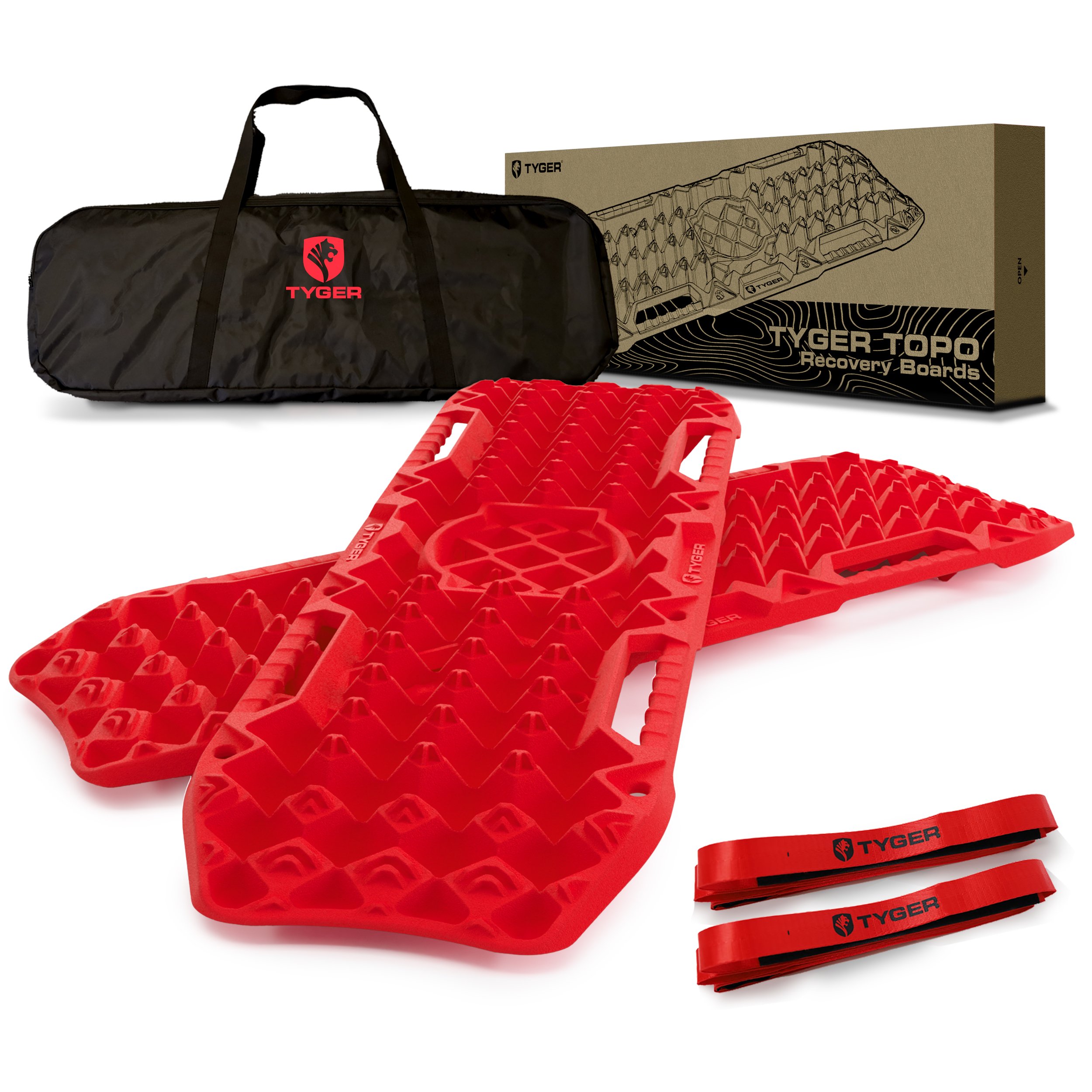 Tyger Auto Topo Off-Road Recovery Boards | Jack Lift Compatible | Extra Wide | Pair Set | Red