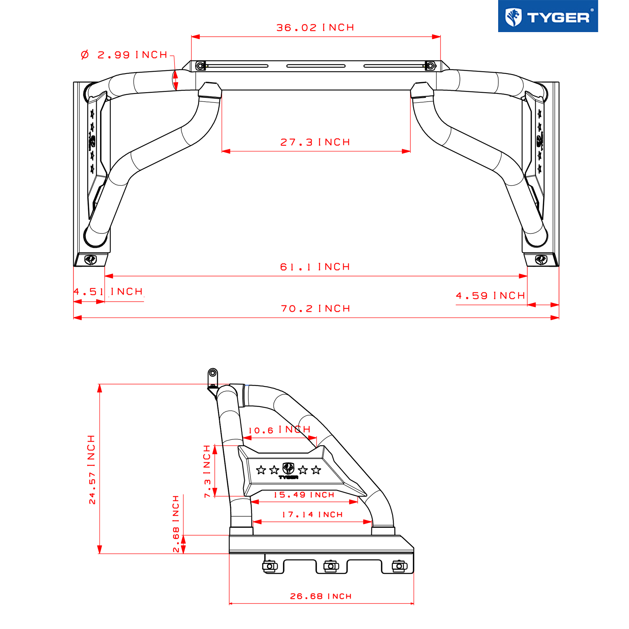 TYGER Sport Bar fit 2022-2024 Toyota Tundra (Exclude SR) | 5.5/6.5' Bed | Light Mount | Roll Bar